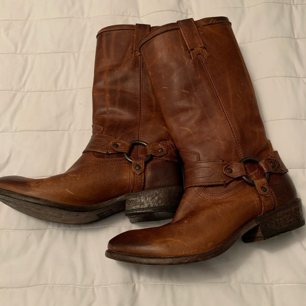 Frye harness boots. Woman’s size 6.5 B. Cognac